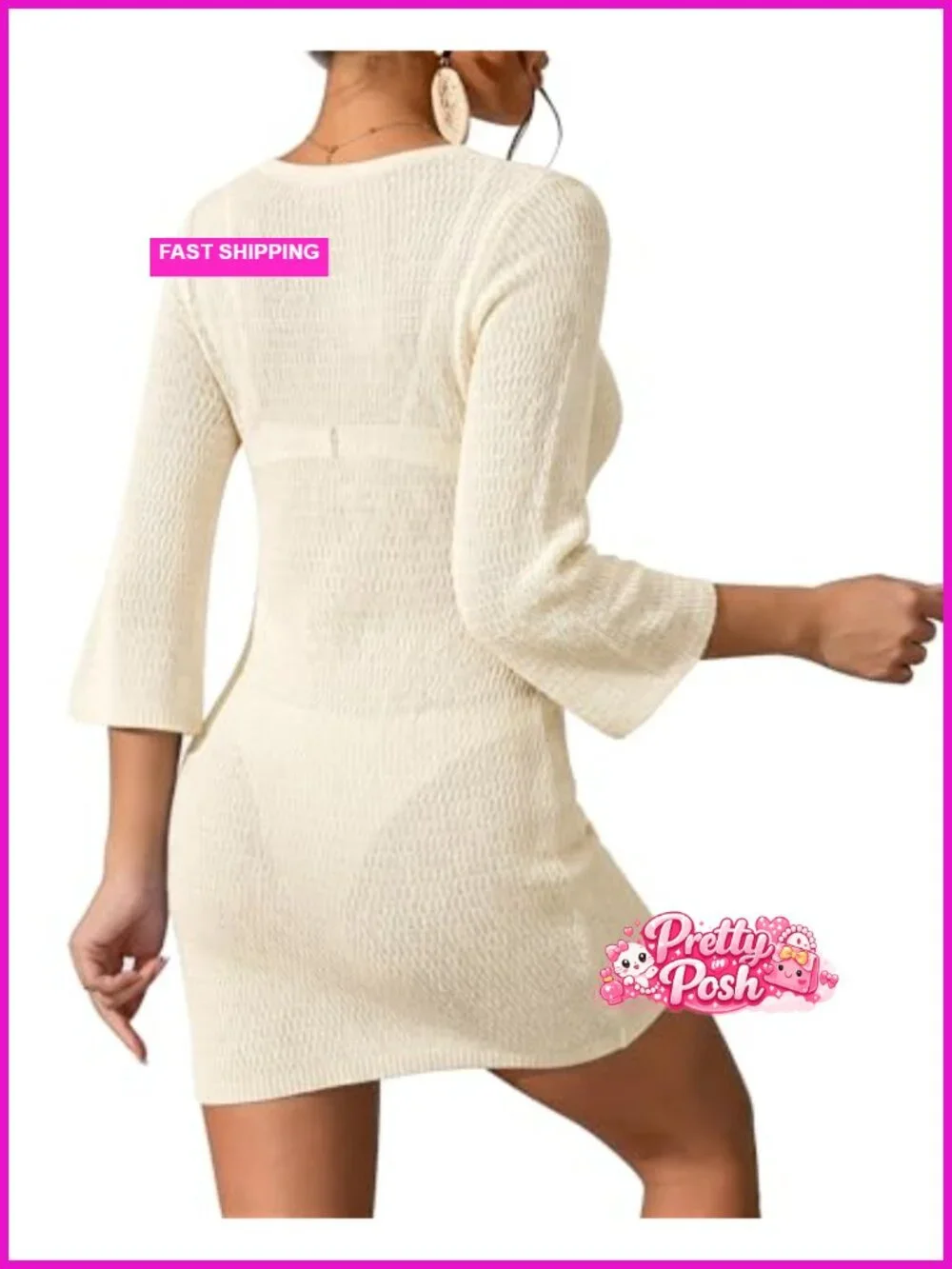 Crochet Swimsuit Cover Up 3/4 Sleeve Knit Cutout Beach Dress Vacation
